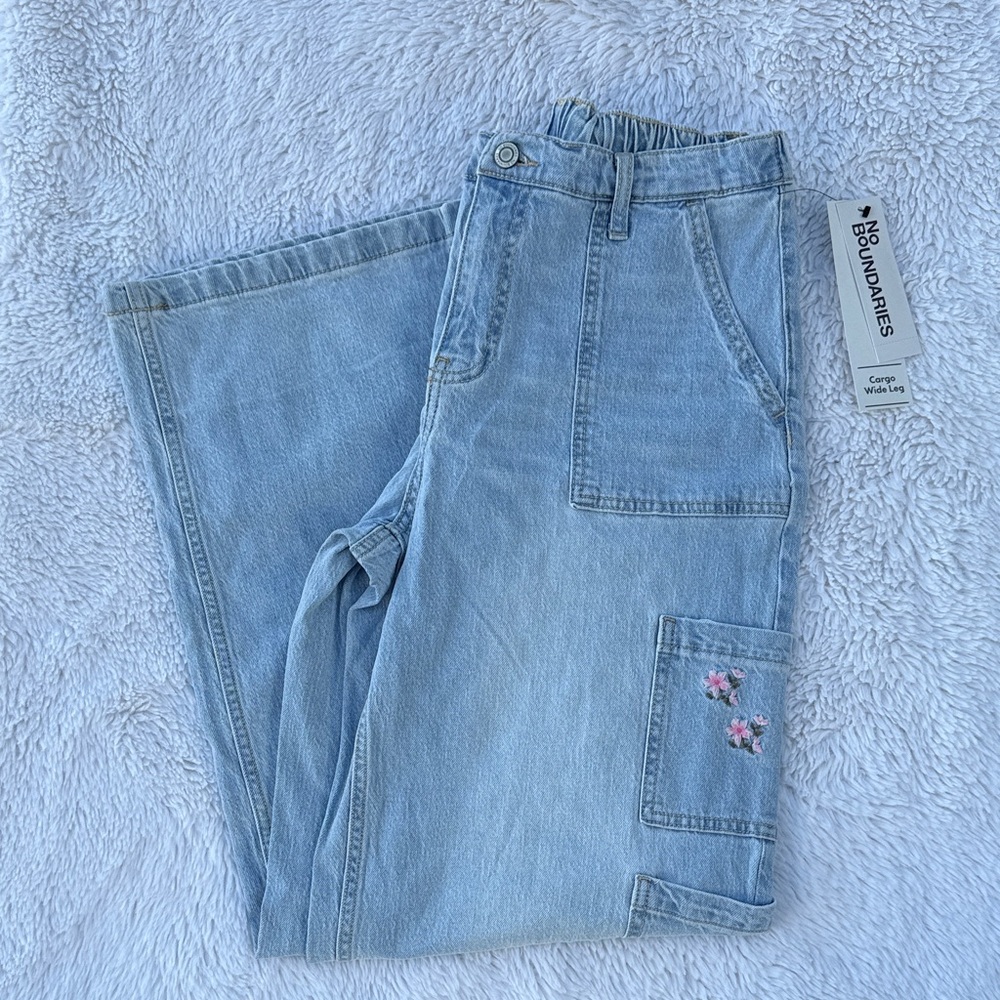 No Boundaries Light Denim Cargo Wide Leg Jeans with Pink Floral Detail